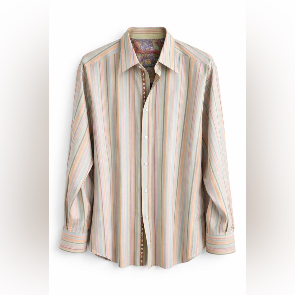 Robert Graham 2XL Multicolor Striped Button Down Shirt Paisley Trim Cotton